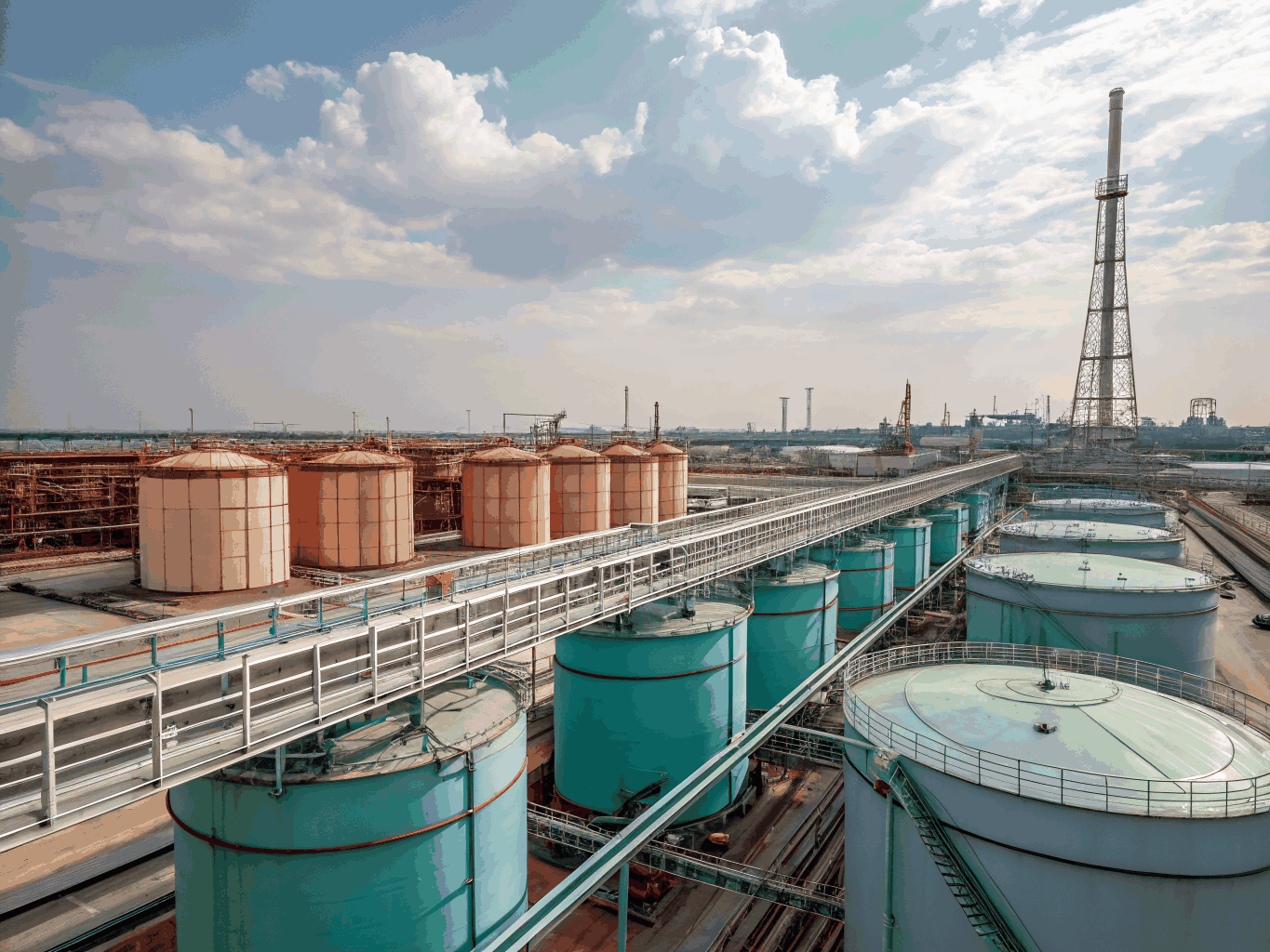 Modern industrial tank farm with pipelines and storage vessels